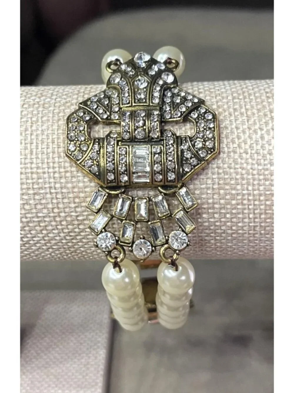 Vintage 90s Art Deco Style Multi Strand Faux Pearl Bracelet Crystal Rhinestone C